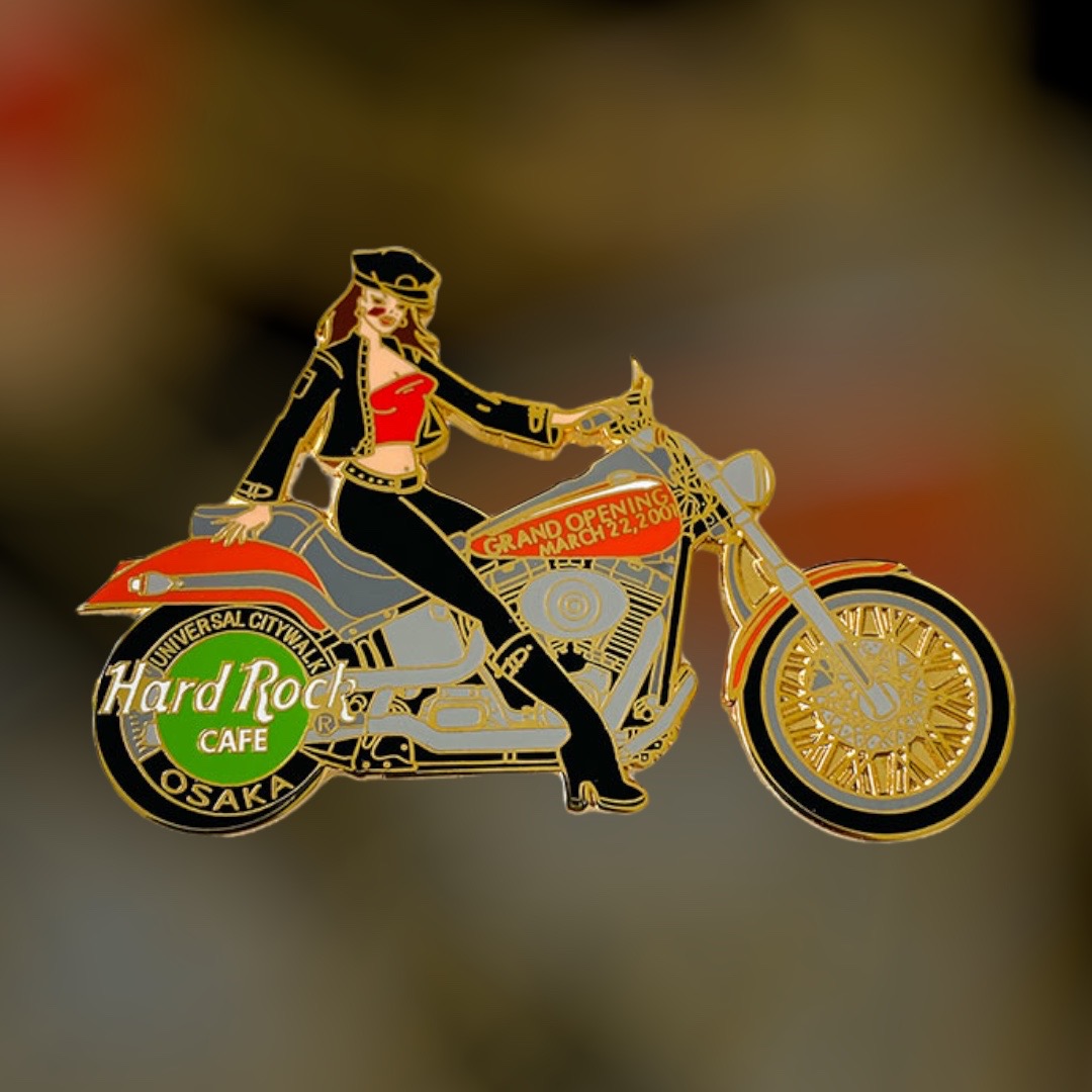 Hard Rock Cafe Osaka Universal Citywalk Grand Opening Pin from 2001 (LE 500) - Biker Girl on Motorcycle - 22th March 2001