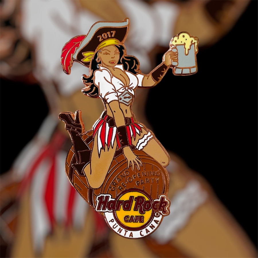 Hard Rock Cafe Punta Cana Grand Re-Opening PARTY Pin from 2017 (LE 100) - Pirate Girl Sitting On A Barrel